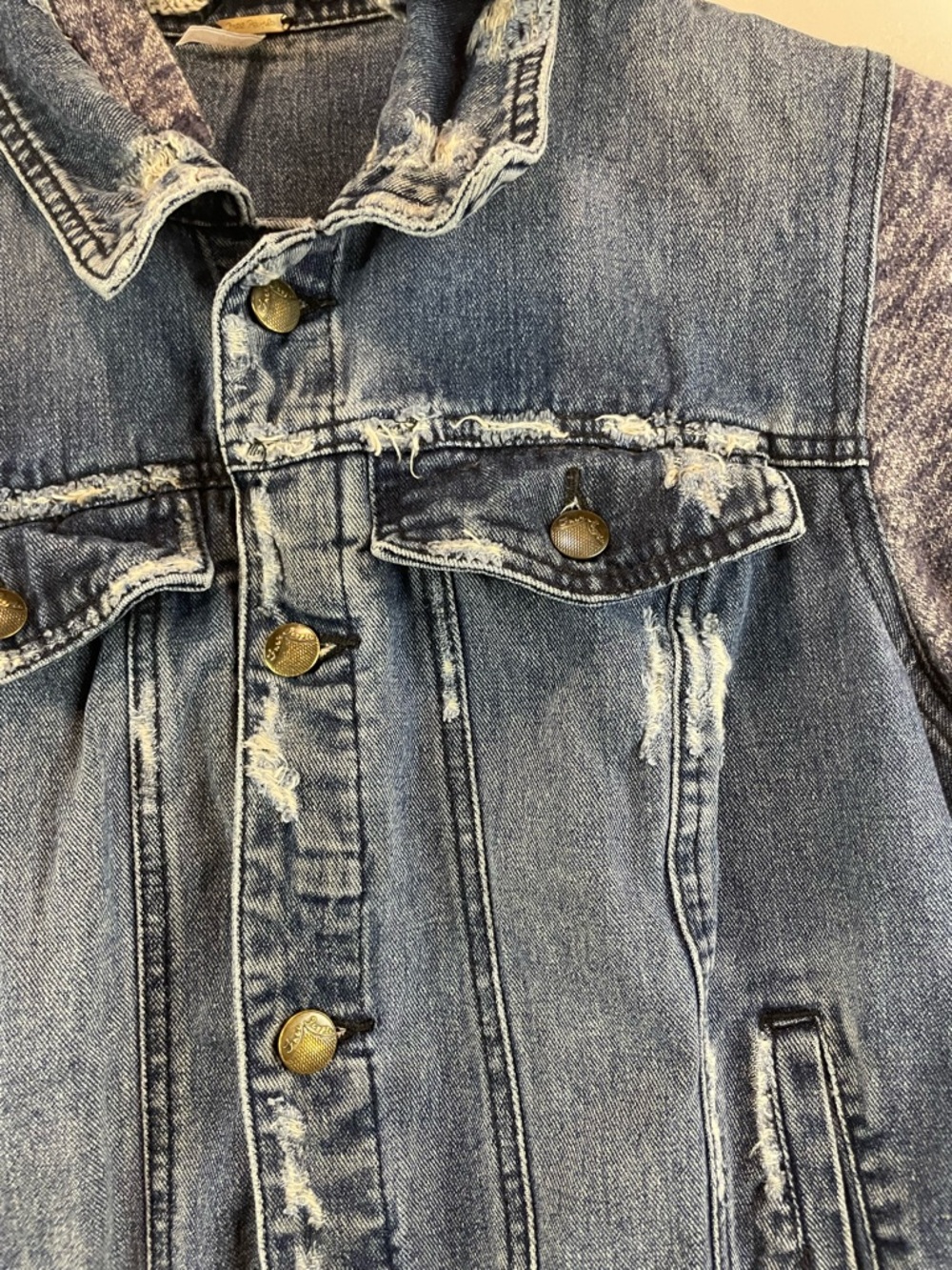 Free People Blue Denim Jacket with Heathered Gray Knit Sleeves - Picture 5 of 12